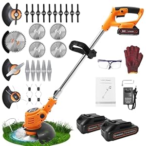 Akku Rasentrimmer mit Akku, Elektrischer Rasentrimmer mit 4 Messertypen, Elektrischer Freischneider mit 2X2.0AH Akku, Rasenkantenschneider mit Verstellbarer Griff und Winkel des, für Garten und Rasen