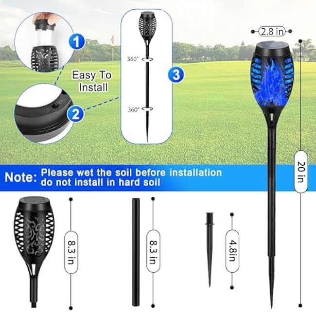 4 Pack Solar Torch Lights Outdoor Waterproof - Blue Flickering Flame, Outdoor Solar Garden Lights for Yard, Tiki Torches for Outside Patio Pathway Decorations