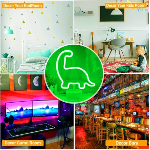 Image of Dinosaur Neon Sign - LED Light USB or Battery Operated - Fun Classroom Decor for Boys Bedroom - Green LED Lights for Kids Table Decoration