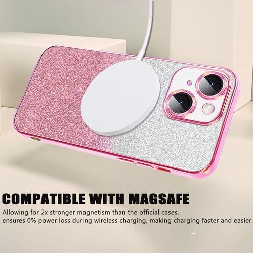 Image of Misscase for iPhone 14 Magnetic Glitter Case Compatible with MagSafe,Full Protection Slim Shockproof Anti-Scratch Case with Camera Lens Protector Logo View Dust-Proof Net for Women Pink