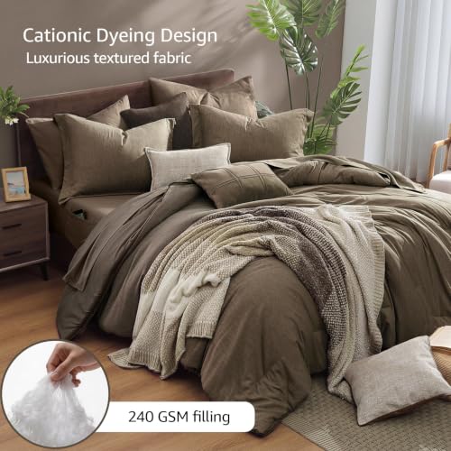 Image of Monbix Queen Comforter Set, Taupe Grey Cationic Dyeing Bedding Set Reversible, Bed in a Bag 7 Pieces with Comforter, Sheets, Pillowcases & Shams