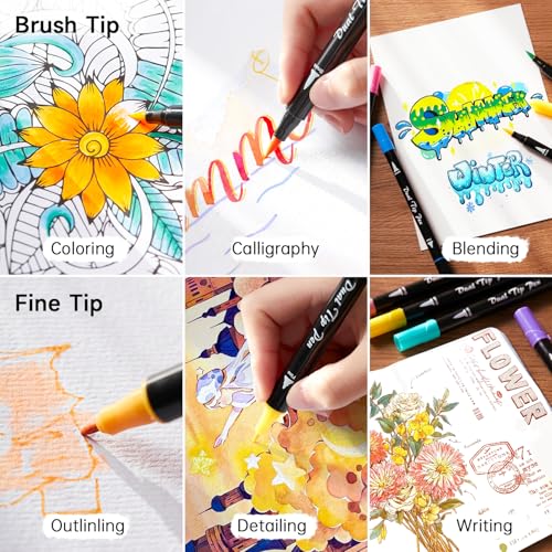 Image of Shuttle Art Dual Tip Brush Pens, 96 Colours Fine and Brush Tip Markers Set with Pen Holder & 1 Colouring Book, Felt Tip Colouring Pens for Adults and Children Colouring Calligraphy Journal Doodling