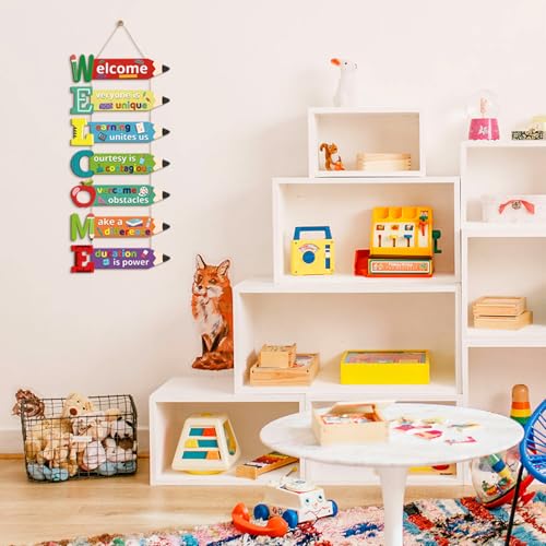 Image of HPNIUB Welcome Classroom Door Sign, Pencil Motivational Quote Decorations with Apple Ruler Cartoon, Colorful First Day of School Wooden Hanging Sign for Preschool Middle School Classroom Kindergarten
