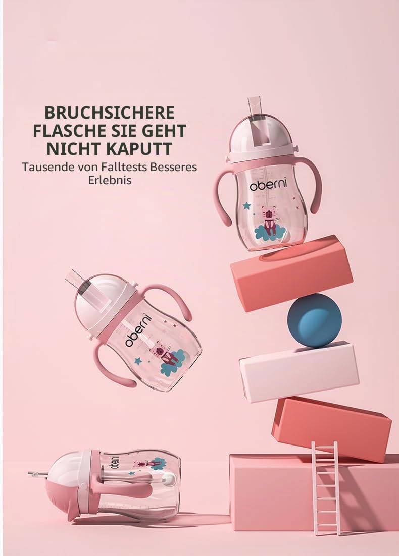 Oberni Trinklernbecher aus Tritan für Kleinkind ab 6 Monaten, BPA frei Trinkflasche mit Griffe, 270ml-Schnabeltasse-Trainerbecher-Blau,