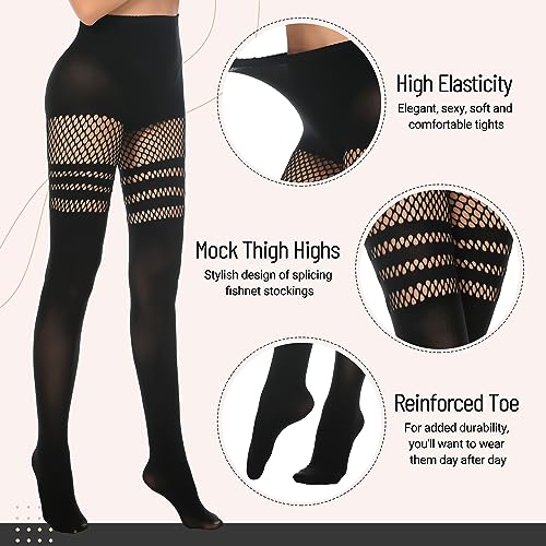 MANZI Womens Faux Thigh High Fishnet Stockings Stitching Opaque Pantyhose Mock Over the Knee Goth Striped Suspender Tights