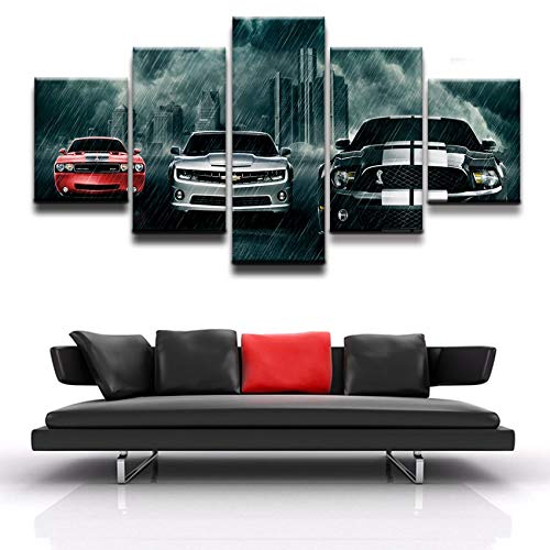 Toile voiture sous la pluie 5 pièces grand format cadre mural
