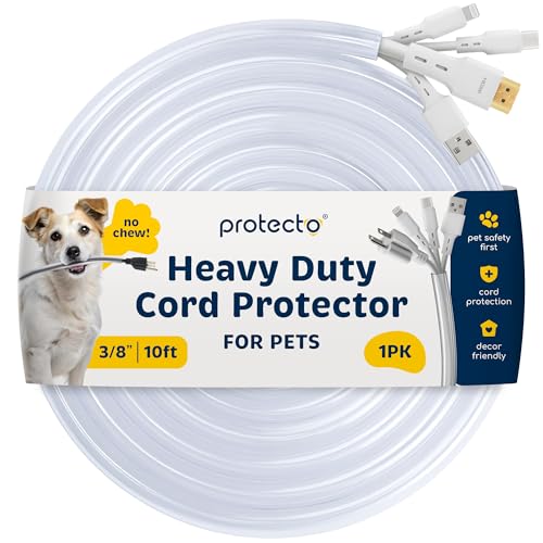 PROTECTO Heavy Duty Cord Protectors from Pets No Chew Solution, 10ft Easy to Use Dog & Cat Cord Protector, Clear & Odorless Critter Cord Covers for Pets, Power Audio & Video Wire Protector Tubing