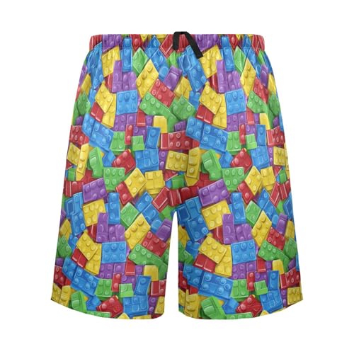 Men's Pajama Bottoms, Building Blocks Sleep Pajamas Shorts Sleepwear Colorful Lounge Short Pants Pjs