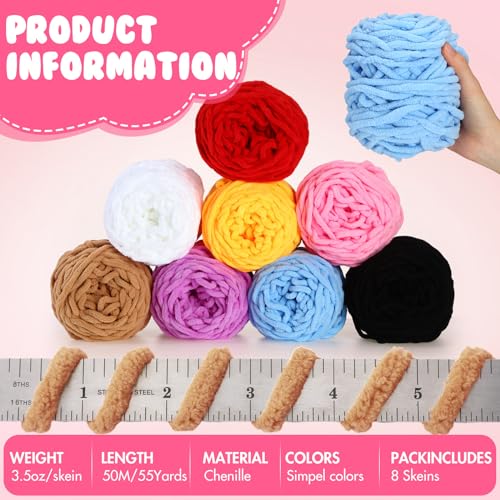 Image of Buryeah 8 Pack Chunky Chenille Yarn for Crocheting Soft Thick Fluffy Yarn for Hand Knitting Bulky Velvet Blanket Plush for Weaving DIY Crafts Each 3.5 oz 55 Yards (Simple Colors)