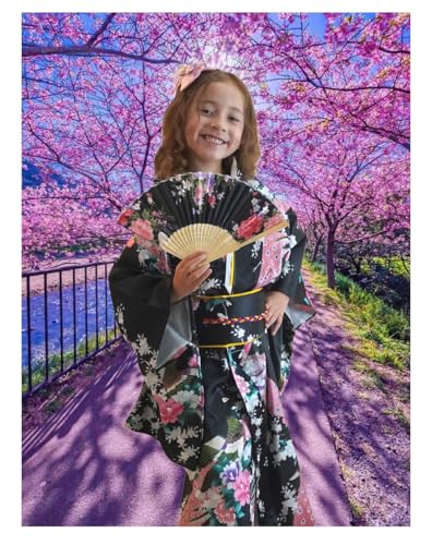 CRB Womens Girls Kimono Japanese Asian Top Dress Robe Sash Belt Fan Set Outfit