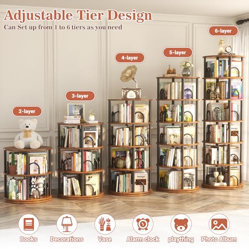 Aheaplus 6 Tier Rotating Bookshelf Tower, Revolving Bookcase, Rustic Brown - Image 5