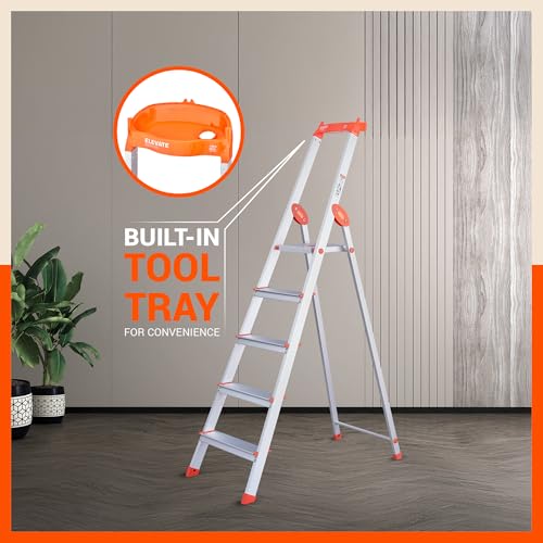 Image of Bathla Elevate 5-Step Foldable Aluminium Ladder for Home with Tool Tray | Anti-Skid | Durable, Heavy Duty, Safe & Stylish | 5-Year Warranty | Orange