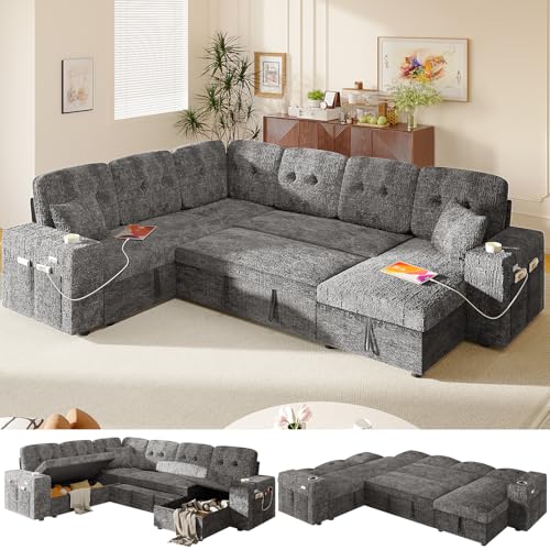 Image of Modular Sectional Sleeper Sofa with Pull Out Bed, 108 Inch U Shaped 7 Seat Couches for Living Room, Chenille Fabric Cloud Couch Bed with Storage & Reclining Backrest, USB Charging, Grey