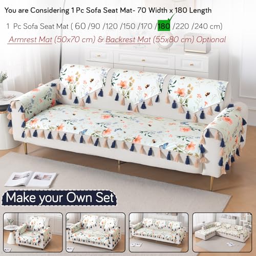 Image of HOKIPO Printed Holland Velvet Sofa Cover with Tassel for 1 /2 /3 Seater & L Shape Sofa | Make Your Own Set, 'Whispers of Nature' Sofa Mat, 70(W) x 180(L) cm, Pastel Butterfly Meadow (IN-1122-D2)