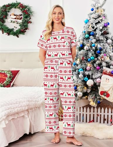 Image of Ekouaer Womens Satin Silky Pajama Set Short Sleeve Shirt with Long Pajama Pant Set Soft PJ Loungewear