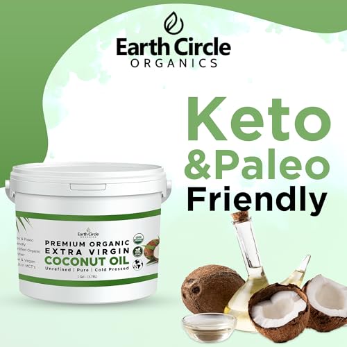Image of Earth Circle Organics Premium Ultra-Pure Unrefined Cold Pressed Extra Virgin Coconut Oil - Gluten-Free, Keto & Paleo Friendly - Raw Coconut Oil for Skin & Hair Care, Cooking, Baking & More - 1 Gallon