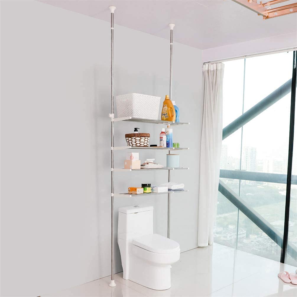 BAOYOUNI Toilettenregal 4 Ebenen Badezimmer Aufbewahrungsregal Platzsparend | Badezimmerregal über Toilette Verstellbare Höhe und Breite Waschmaschinenregal Standregal Metall WC Organizer, Elfenbein