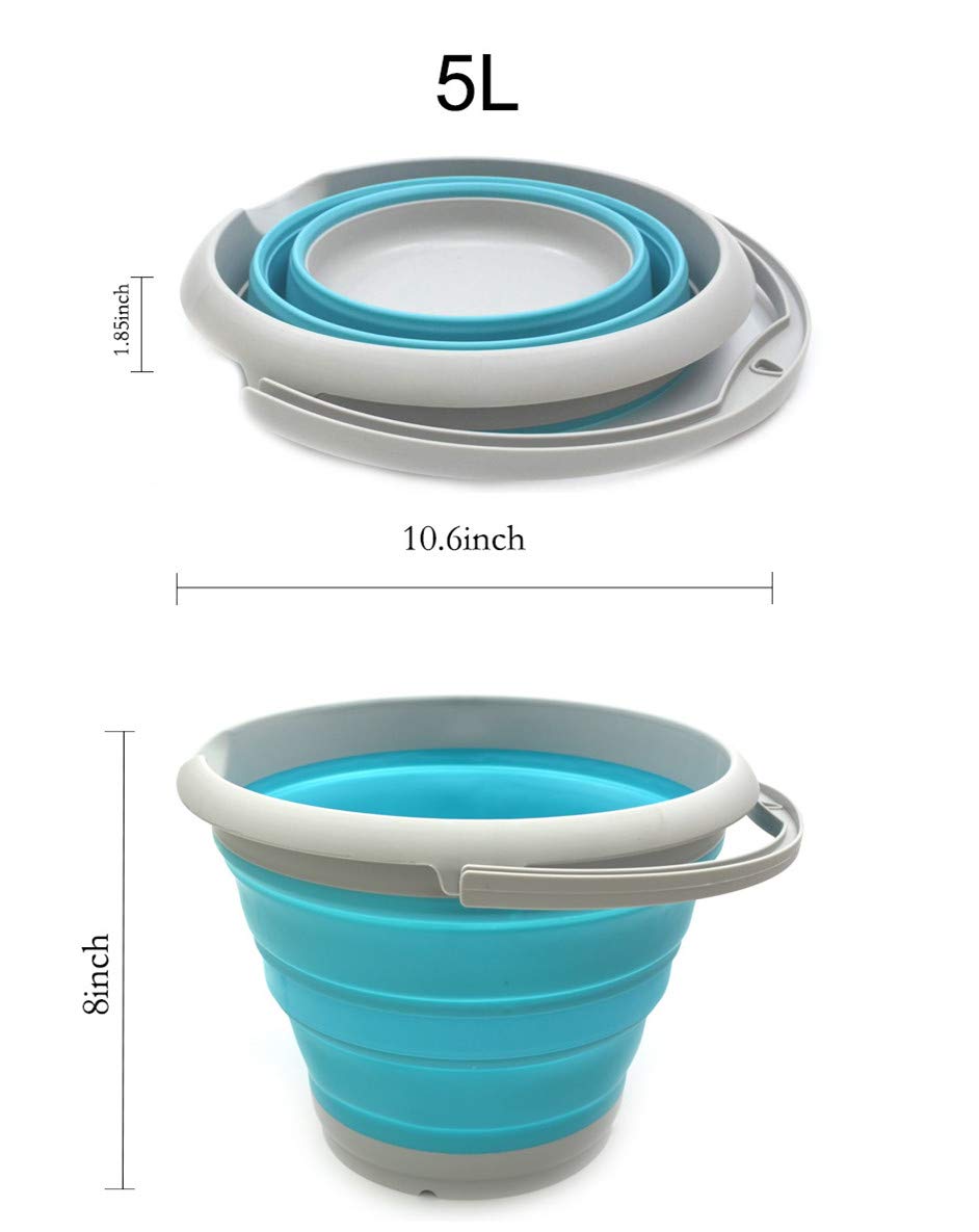 SAMMART Seau en plastique pliable de 5 l - Baignoire ronde pliable - Seau à eau de pêche portable - Pot d'eau d'extérieur peu encombrant (rond de 5 L, gris/bleu vif)