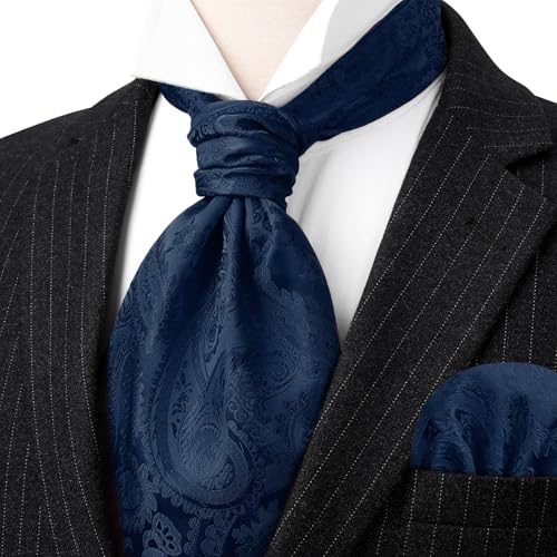 Image of HISDERN Ascot Ties for Men Paisley Floral Ascot and Pocket Square Set Classic Self Tie Mens Cravat Handkerchief for Wedding