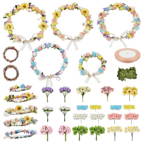 INFUNLY 264pcs/Set DIY Flower Crowns Making Kit Handmade Floral Crown Garland Kit Make Your Own Wreath for Adults Flower Headband Garland Hair Accessories for Wedding Birthday Party Favour