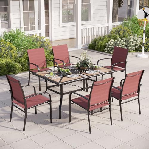 Image of MIXPATIO Outdoor Patio Dining Set 7 Piece Furniture Set with 6 Red Chairs and Wood-Like Table Top Rectangular Table for Deck Garden Backyard Lawn Poolside