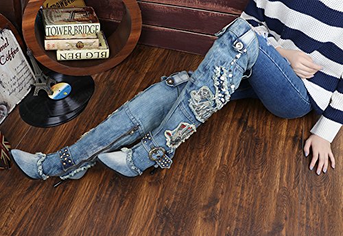 Lorie & Knight Women's Blue/Grey Jeans Knee High Boots Rivet Punk Stiletto Heel Pointed Toe Boots3