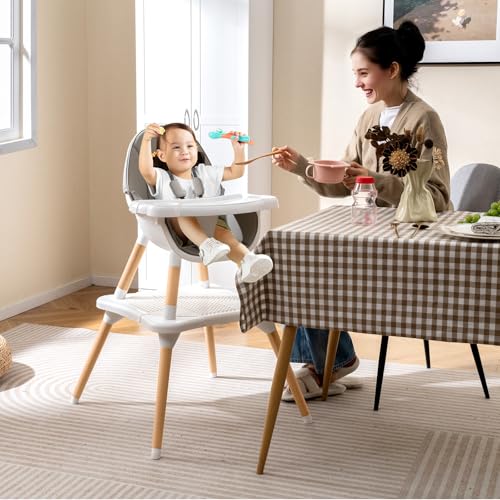 Image of GLACER High Chair, 6-in-1 Convertible Wooden High Chairs for Babies and Toddlers w /Building Block Table, 5-Point Safety Harness, Removable Tray, PU Cushioned Baby High Chair for 6-36 Months (Grey)