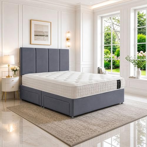 SANA SLEEP Double Divan Bed with Orthopedic Posture Support Multi-Layer Pocket Sprung Mattress Headboard & 2 Storage Drawers Plush Sierra Grey Fabric 4FT6 UK Made Space-efficient Bedroom