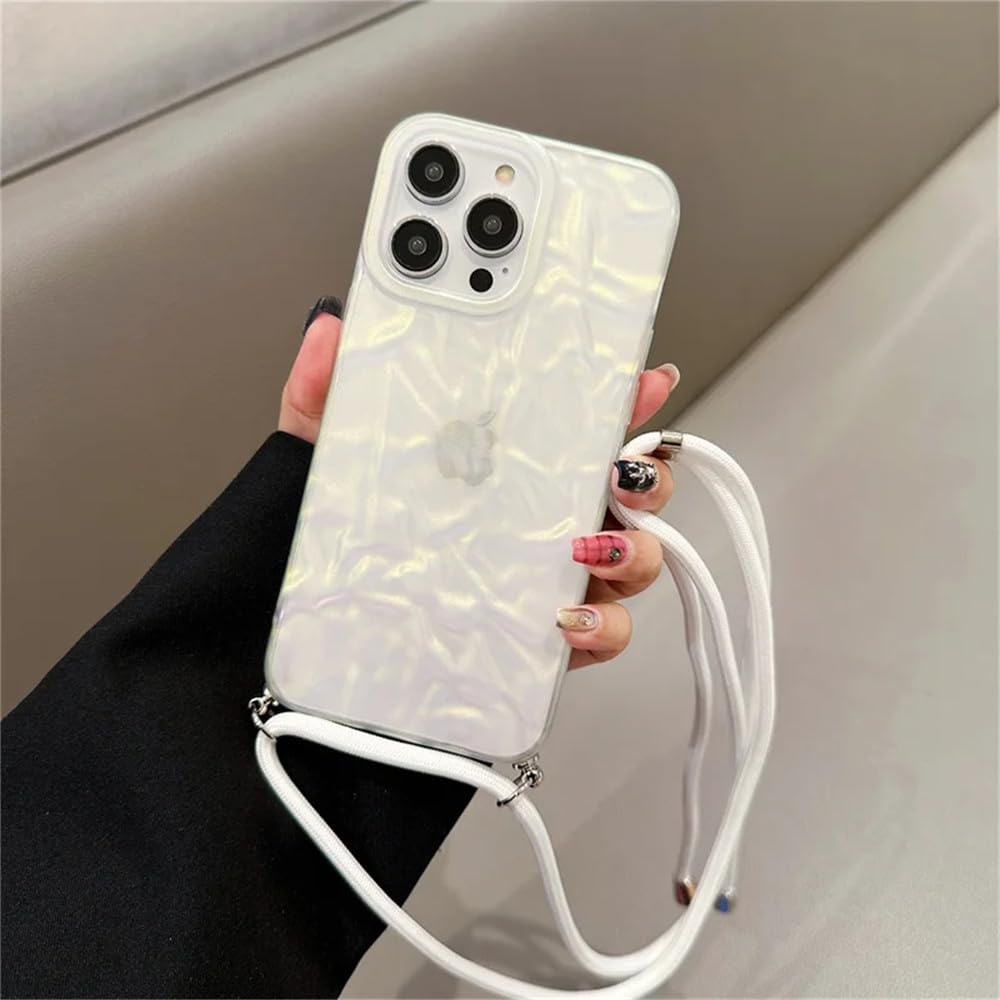 HPQWN Silver Paper Crossbody Lanyard Phone Case for iPhone 15 14 Plus 13 11 12 Mini Pro Max Silicone Soft TPU Back Cover,Pearl White,for iPhone 11Pro