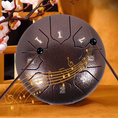 Rain Chime Drum - 8 Note 6 Inch Rain Drum for Outside Garden, with Bag, Music Book, Drumsticks, Mallet Holder and Finger Paddles, Steel Tongue Drum for Adult Gift (Bronze, 6 Inch)