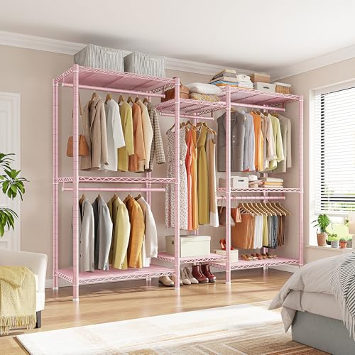 Image of Raybee Clothes Rack, Clothing Racks for Hanging Clothes, L Shaped Clothing Rack for Corner 900LBS Heavy Duty Clothes Rack Garment Rack 74.5 inch W X 18 inch D X 77 inch H, Pink