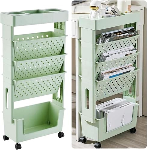 Yajimsa Mobiles Bücherregal | 5 Ebenen Beweglicher Bücherregalwagen | Multifunktionaler Rollwagen Aus Kunststoff Schreibtisch Bücherregal Schreibtisch Organizer