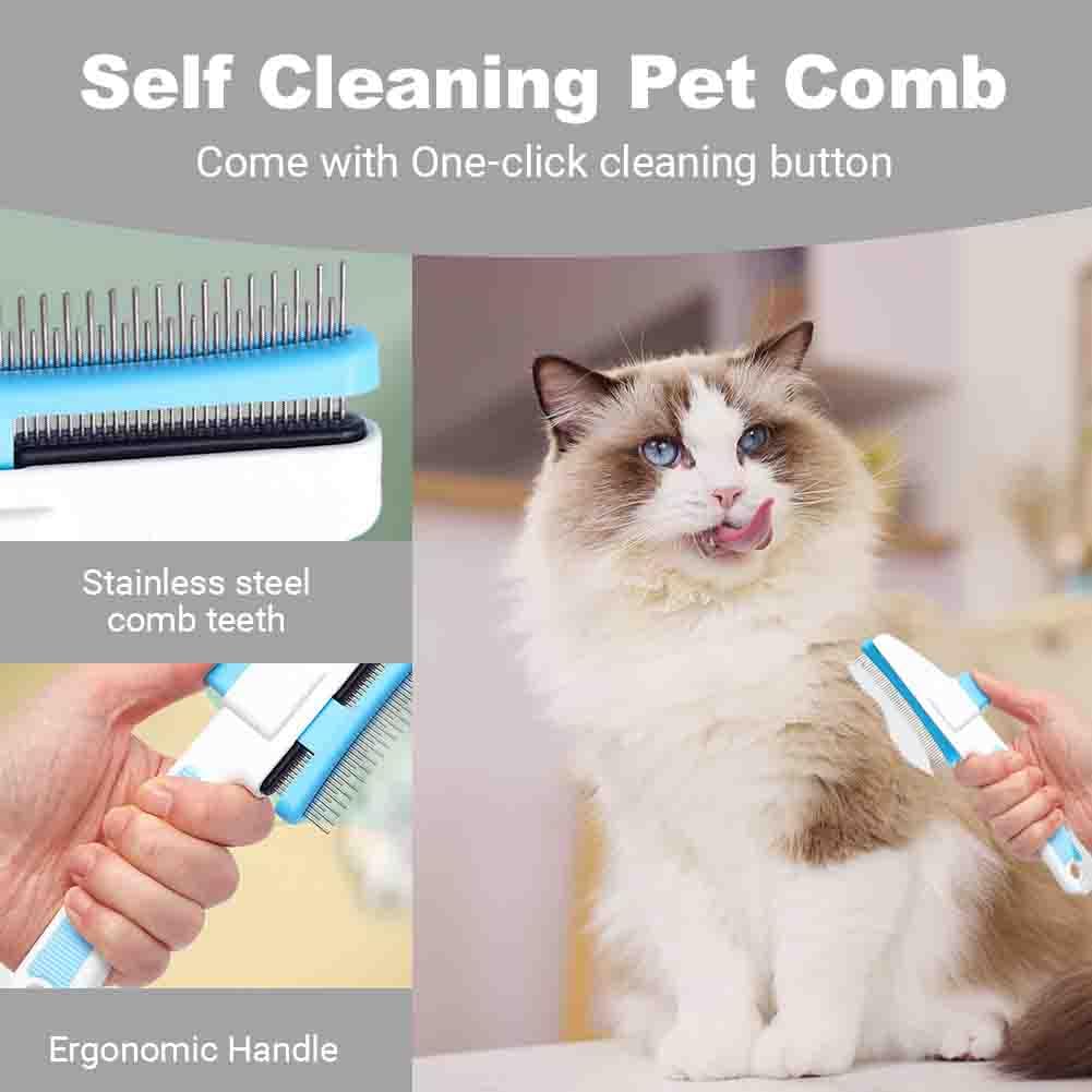 Cat Hair Removal Comb Flea Comb, 2PCS Self-Cleaning Pet Comb with Release Button for Indoor Cats Shedding, Pet Grooming Brush for Massaging and Cleaning Short and Long Hair Cats Dogs