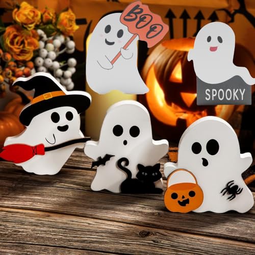 Halloween Decorations Indoor 5 PCS Cute Ghost Decorations Indoor Tray Decor Table Sign Set Cat Bat Witch Broom Signs Pumpkin Blocks for Party Home Shelf Display