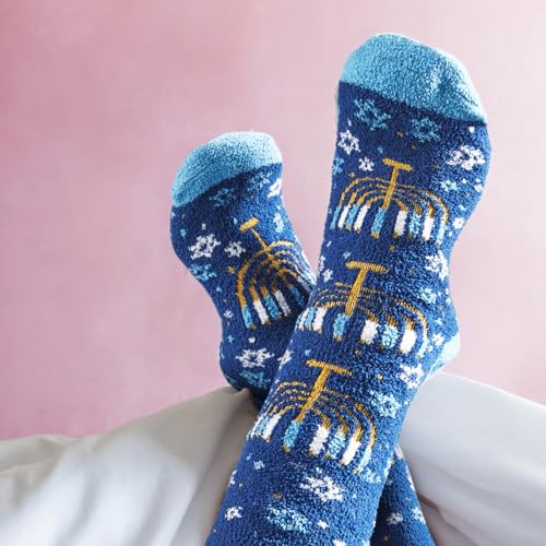 Image of Menorah Hanukkah Fuzzy Socks - Cozy Winter Holiday Crew Socks Unisex Size 10-13 - Soft Festive Blue Menorah Design with Snowflakes - Perfect Warm Gift for Chanukah Celebration