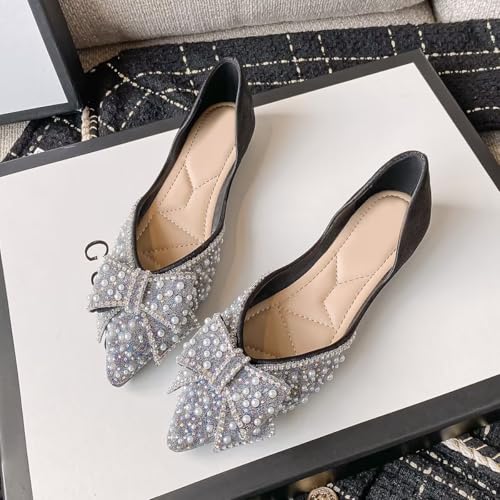 ChaiRong Zhou Women Fashion Shiny Rhinestone Pearl Bowknot Slip on Ballet Flats Low Heel Casual Office Party Wedding Shoes2