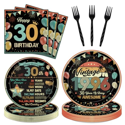 refavor Vintage 30th Birthday Plates and Napkins 96PCS Back in 1996 Birthday Party Decorations Supplies for Him Her Colorful Cheers to 30 Years Disposable Tableware Set Serve 24