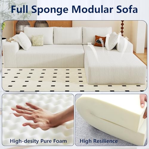 Image of 96 inch Modular Sectional Sofa, Modern Corduroy Cloud Couch with Deep Seat, Boneless Couch Upholstered 3-Seater L-Shaped Sofa for Living Room, No Assembly Required (White, Right-Facing Chaise)