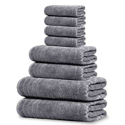 Tens Towels Pack of 8 Towels Set, 2 Extra Large Bath, 2 Hand, 4 Washcloths, 100% Cotton, Lighter Weight, Quicker to Dry, Super Absorbent, Perfect for Bathroom, Dark Grey