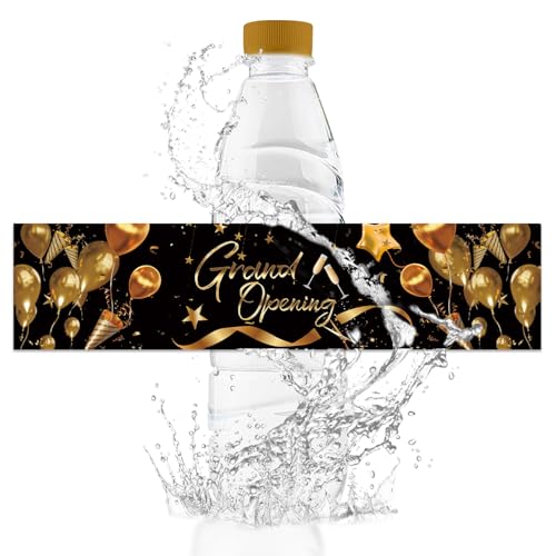 URROMA 50Pcs Grand Opening Water Bottle Labels Waterproof Drinks Wrappers Black Gold Water Bottle Stickers for Opening Ceremony Favors Decor Supplies