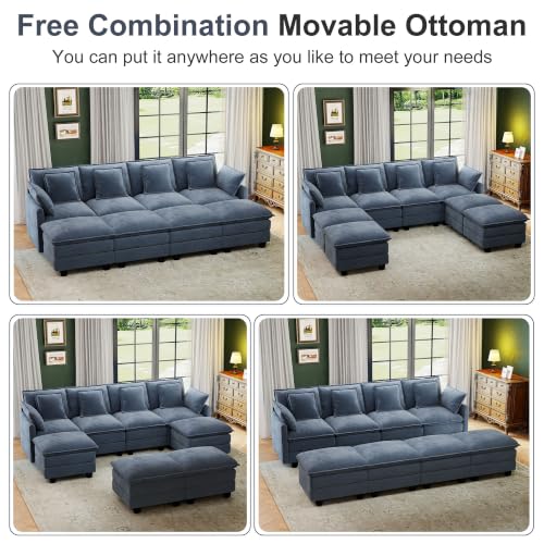 Image of 107 inch Cloud Couch Sectional Modular Sofa, Deep Seat Couches with Ottoman and Removable Washable Pillows for Living Room, Bedroom, Apartment, Blue