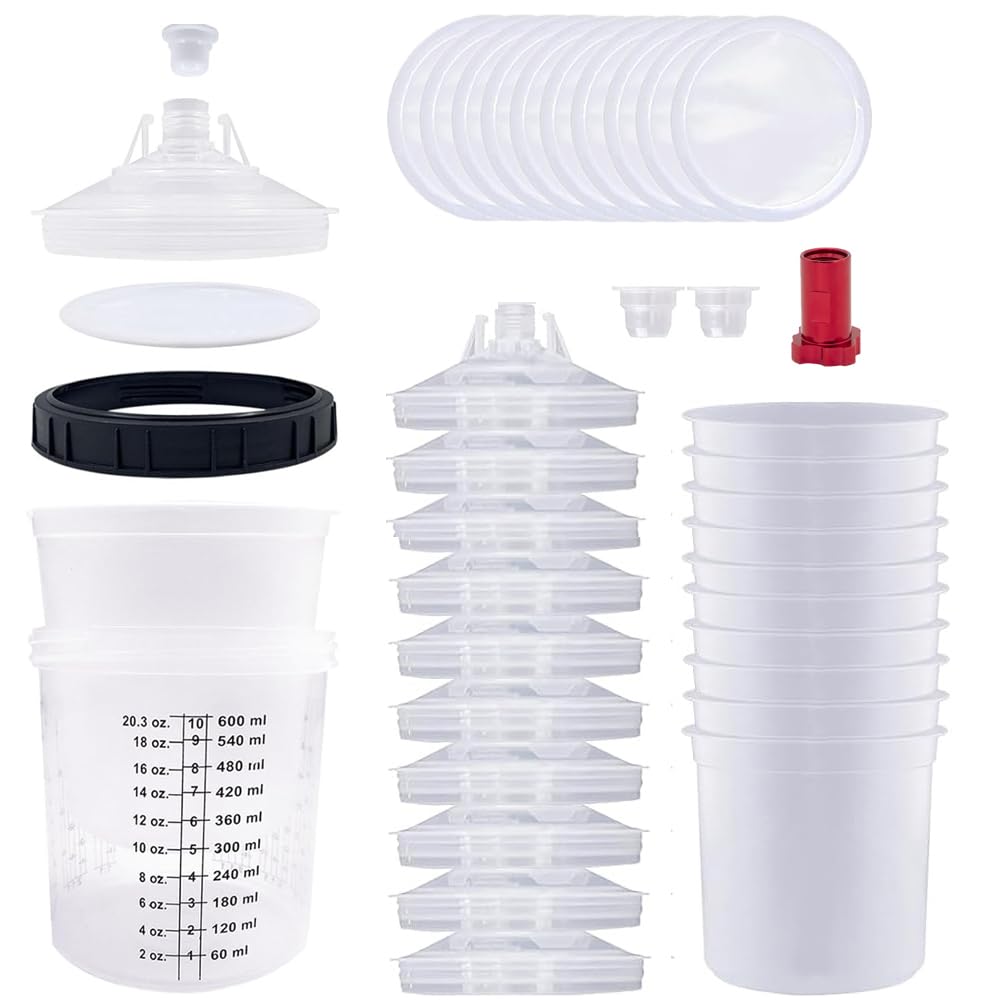 Misurino graduato per pistola vernice, Tazza di Misurazione Della Vernice con 10 tazze, 10 coperchi, 1 Adattatore (600ml)
