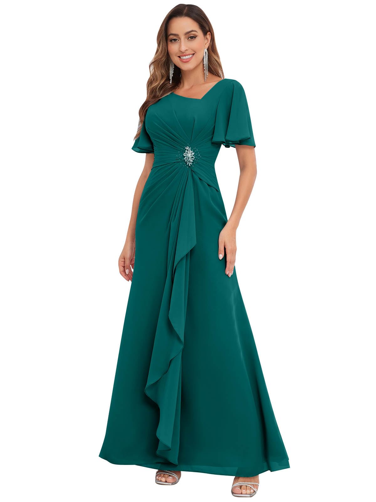 PRESEOSSA Chiffon Mother of The Bride Dresses with Sleeves V Neck Ruffles Beaded A Line Long Formal Wedding Guest Dress