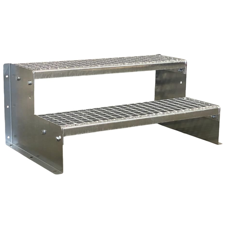 SRM Design 2 Stufen Standtreppe Stahltreppe Wangentreppe Gitterrosttreppe Außentreppe Industrietreppe Modell 2 verzinkt 18 cm Stufenhöhe, 60 cm Stufenbreite, 36 cm Gesamthöhe ohne Geländer