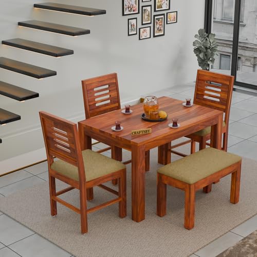 Image of 45 Inch Length Solid Sheesham Wood 4 Seater Dining Table Set | Four Seater Dinner Table with 3 Cushions Chairs & 1 Bench | Dinning Table Set 4 Seater for Living Room | Honey Finish