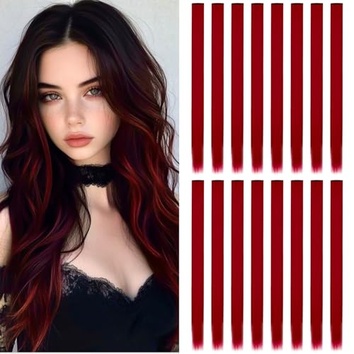 Extensions de Cheveux Rouges à Clip - 16 Pièces de Mèches Lisses Synthétiques 22'' pour Femmes et Filles Mèches