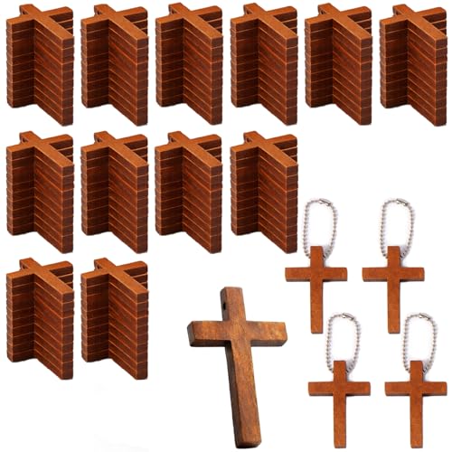 Gtudkae 1 Box 70 Pack Small Wooden Pocket Cross Charms and 70 Keychains in Bulk Natural Mini Wooden Crosses Pendants for Church Praying Easter Decor Christian Gifts Crafts for DIY Handmade Decorative (with 70 chains)