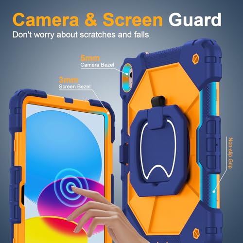 Image of Case for iPad (A16) 11th Generation 11 Inch 2025, Ubearkk for iPad 10th Generation 10.9 inch 2022 case with Screen Protector 360 Degree Rotating Stand Shoulder Strap Pencil Holder, Navy Orange