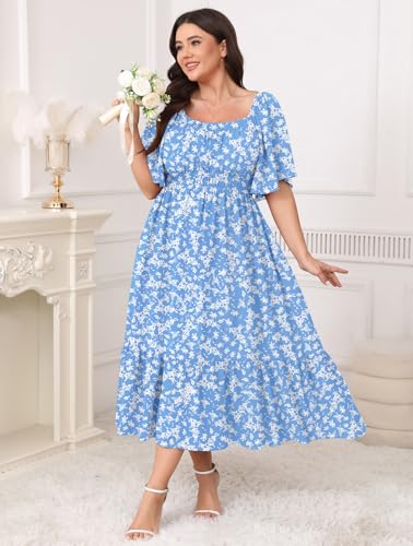 Image of CICIDUDU Plus Size Smocked Maxi Dresses for Curvy Women Square Neck Flowy Casual Summer Wedding Guest Dress