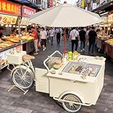 Triciclo móvil de alimentos con vitrina de bebidas, carrito expendedor de helados y bebidas con paraguas, ideal para eventos al aire libre, calles y parques infantiles, carrito portátil para